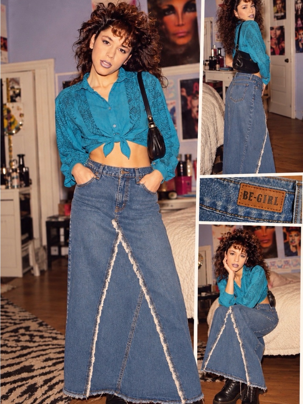 Y2K Denim Grunge A-Line Maxi Skirt Dramatic Front Raw Frayed Seams size M
